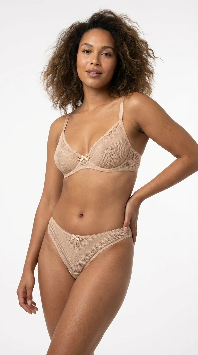 Kadın Sexy Tanga Komple Tül Şeffaf Külot Fiyonklu Detay Champagne - Yan Görünüm - LunaIntim